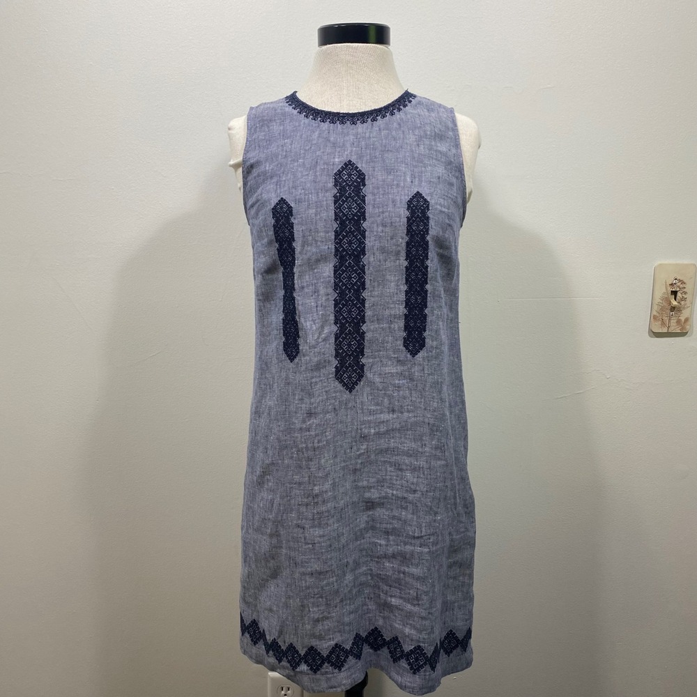 Artisan NY Boho Linen Shift Dress Sleeveless Blue Embroidered Casual Summer Sz 2